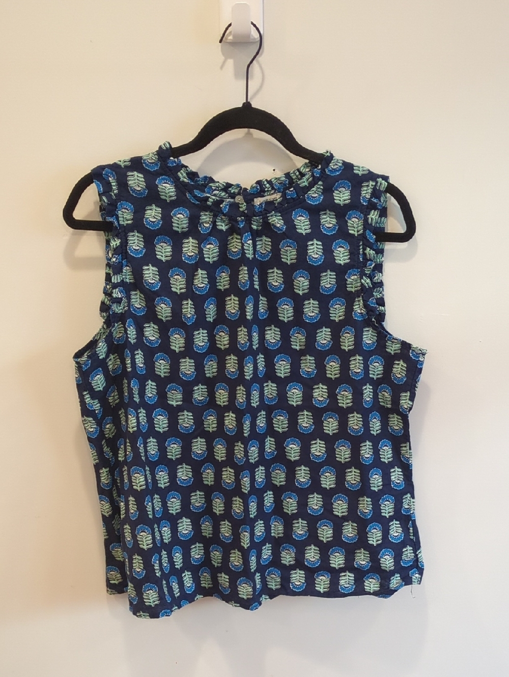 J. Crew Navy Blue Sleeveless Block Print Linen Ruffle Blouse Large Preppy Boho